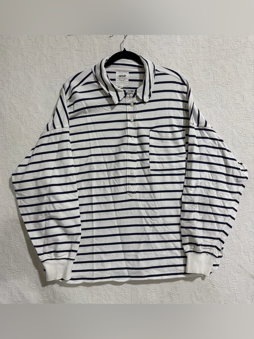Aerie Take It Easy Popover Polo Sweatshirt Navy Stripe Oversized Nautical Large